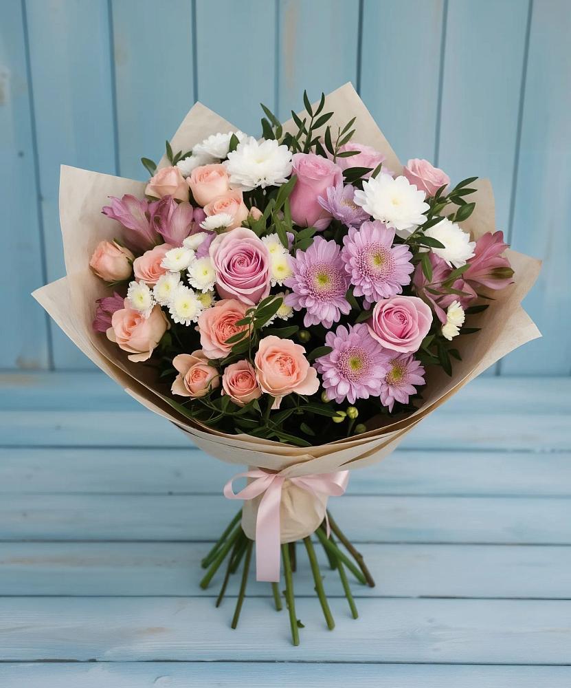 Букет цветов из: Хризантемы, Розы и Альстромерии в Кузнечное