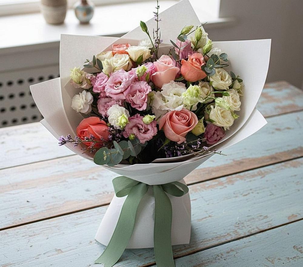 Букет цветов из: Розы, Лизиантусы и Гвоздики в Кузнечное