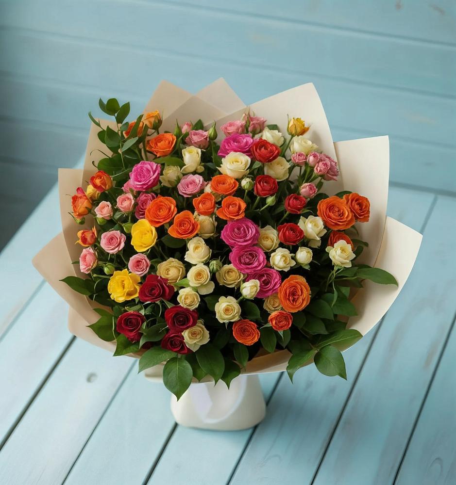 Букет Микс из разноцветных кустовых роз в Кузнечное