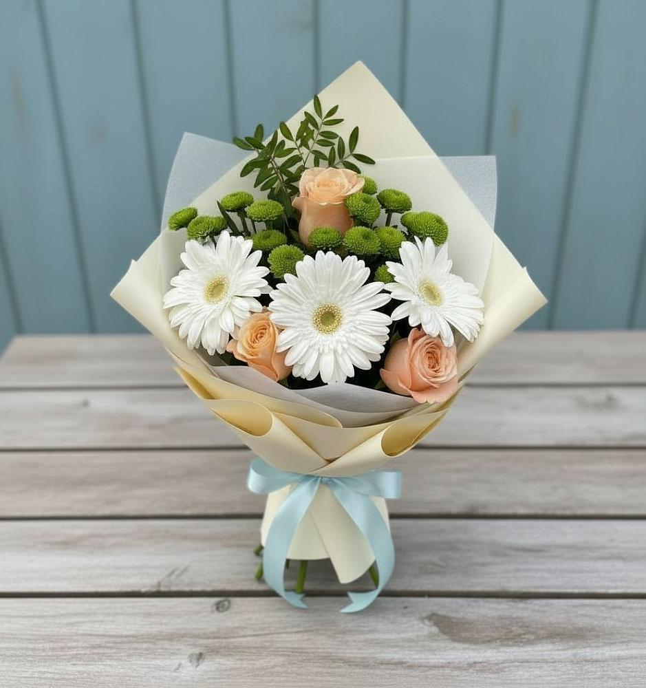 Букет цветов из: Герберы, Розы и Хризантемы в Кузнечное