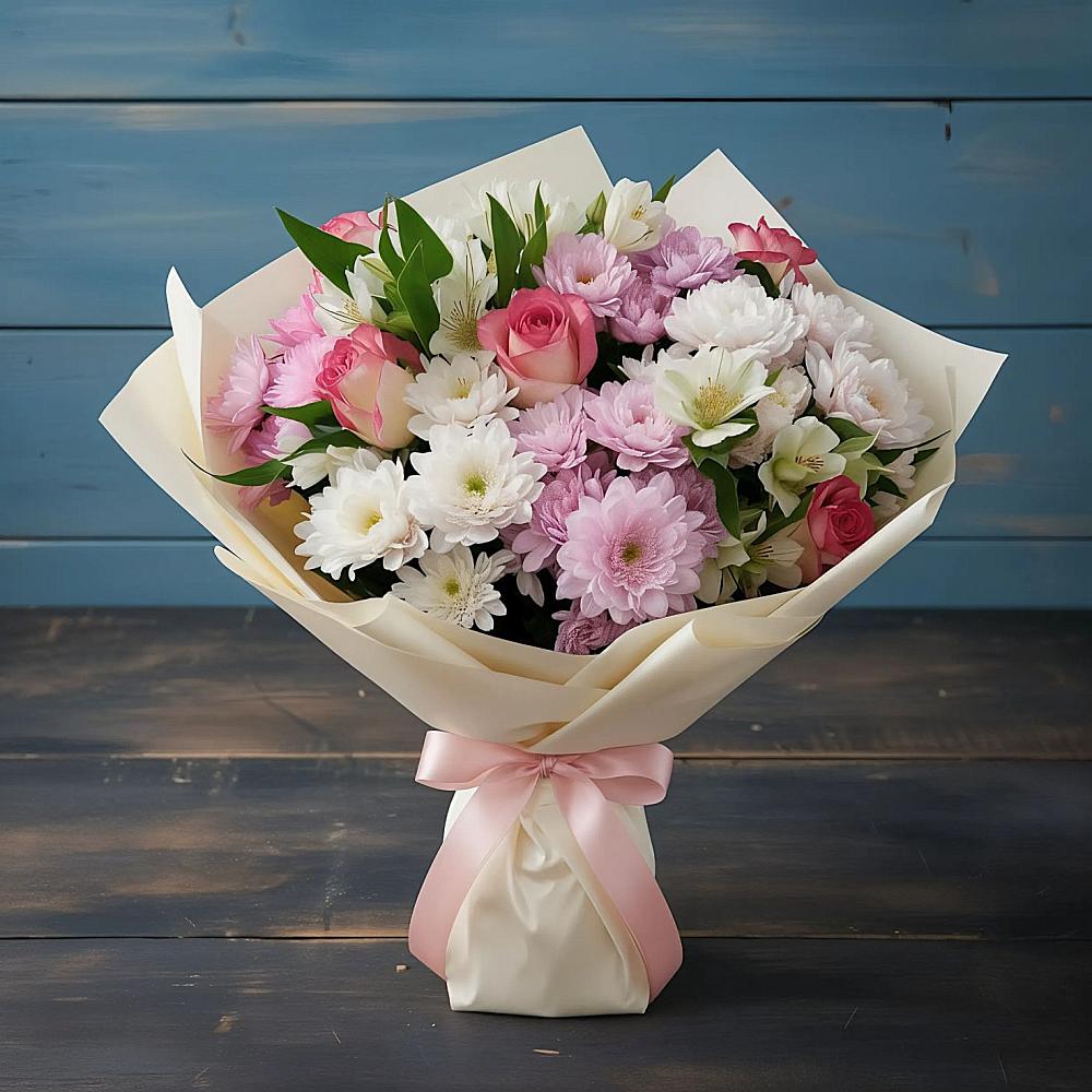 Букет цветов из: Хризантемы, Альстромерии и Розы в Кузнечное